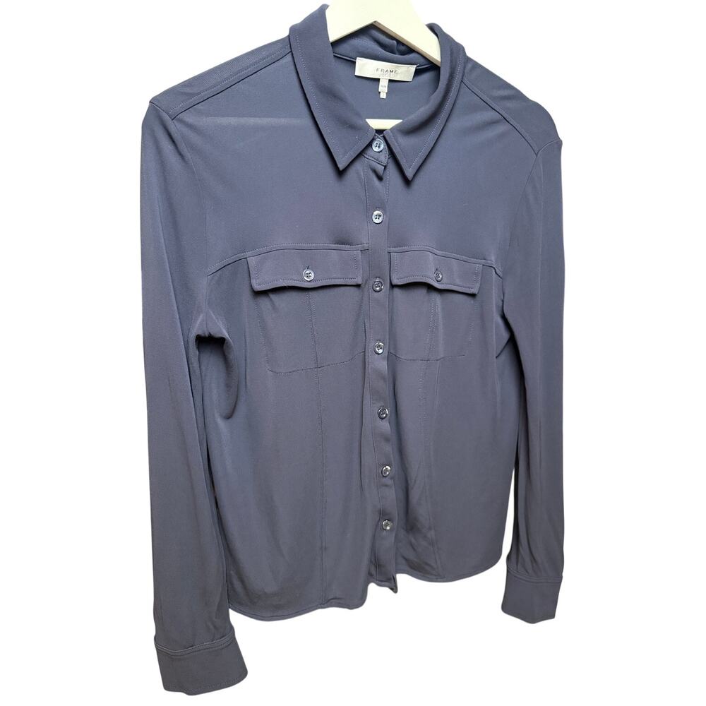 FRAME Women Navy Blue 100% Viscose Long Sleeve Utility Shirt M